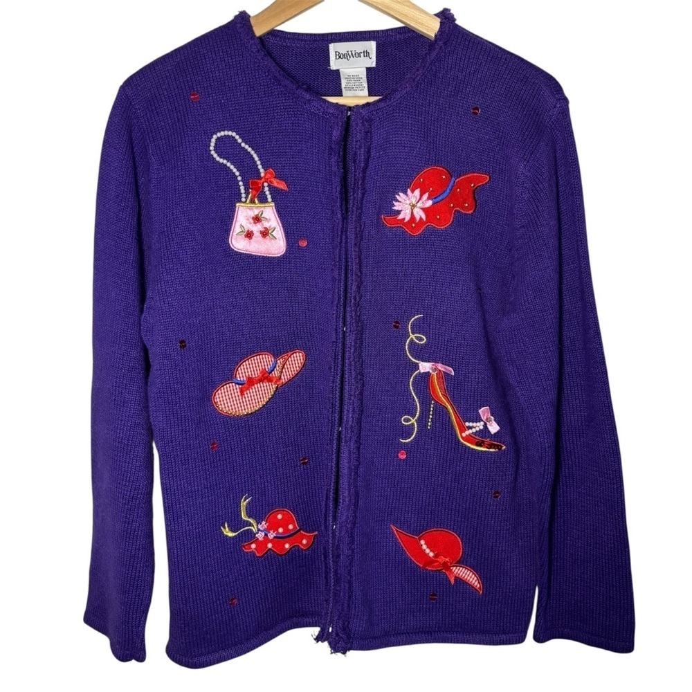 VTG BonWorth Red Hat Society Theme Cardigan MP Medium Purple Embroidered Ramie